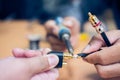 Engineer soldering audio cable Royalty Free Stock Photo