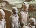 Closeup of 4 soldiers at Terracotta Army excavation hall, Xian, China