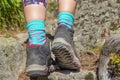 Closeup of sole of woman hiking boots in mountains Royalty Free Stock Photo