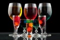 Closeup of some glasses with cocktails of different colors in nightclub