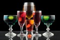 Closeup of some glasses with cocktails of different colors in nightclub