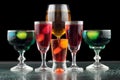 Closeup of some glasses with cocktails of different colors in nightclub