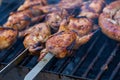 The closeup of some meat skewers being grilled in a barbecue. grilled meat skewers, barbecue Royalty Free Stock Photo