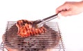 Closeup of someone turning a tasty steak cooking on a fire Royalty Free Stock Photo