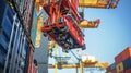 A closeup of a sophisticated gantry crane showcasing its intricate hydraulic arm and strong electromechanical grip on a