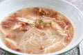 Closeup of Soto ayam bihun, popular Indonesian noodle soup in Malaysia