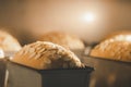Closeup sourdough prune bread baking in oven