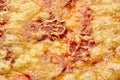 Closeup of soy sausage slices under melted vegetarian mozzarella on vegan pizza Royalty Free Stock Photo