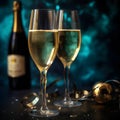 Closeup Of Sparkling Wine Bottle And Alcohol Pouring In Two Champagne Glasses