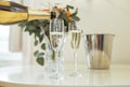 Closeup Of Sparkling Wine Pouring In Glasses On Table Indoors Royalty Free Stock Photo