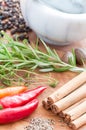 Closeup of spicery and mortar Royalty Free Stock Photo