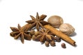 Closeup spices cinnamon, anise, nutmeg, allspice  white background Royalty Free Stock Photo