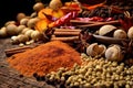 Closeup of spices and foods. Dried cinnamon pepper illustration. AI generative