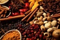 Closeup of spices and foods. Dried cinnamon pepper illustration. AI generative