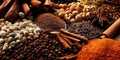 Closeup of spices and foods. Dried cinnamon, pepper, paprika, coffee. Colorful cooking aromas.