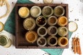 Closeup spices and herbs jars. Food, cuisine ingredients. Wooden box. Royalty Free Stock Photo