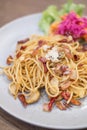 Closeup spicy bacon spaghetti