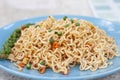 Closeup Spicy stir fried instant noodle in plate.