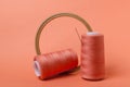 Closeup of spools of orange threads, embroidery hoops on the orange background Royalty Free Stock Photo