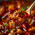 Closeup of a spoon with an ingredient over a pot of food Royalty Free Stock Photo