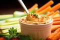 closeup of a spoonful of hummus with vegetable sticks around