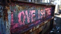 A closeup of a spraypainted message on a rusty metal dumpster in an urban alley. The words Love is the answer can be