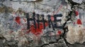 A closeup of a spraypainted message scrawled across a cracked concrete wall calling for unity and rebellion against