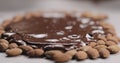 Closeup spreading chocolate over roasted almonds