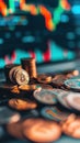 closeup of stack of golden coins with stock market graph background