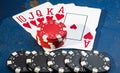 Closeup of the stack of poker chips with cards.