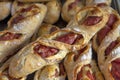 Stack of stuffed baguettes with sausage Royalty Free Stock Photo