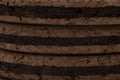 Closeup stacked cork board drink coaster background