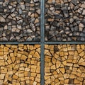 Stacked firewood with fresh and seasoned logs Royalty Free Stock Photo