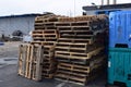 Closeup of stacked pallet boards outside on the pier