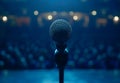 A closeup of a stage microphone with a blurred audience and lights during a performance, concert, event, or speech Royalty Free Stock Photo