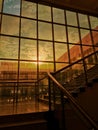 closeup of stairs glass wall with morning sunlight