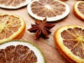 Closeup of a Star Anise and slices of dried fruit