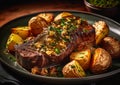 Closeup of steak and potatoes on a plate with a large axe in the