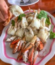Closeup steamed crab meat, scabbard or paddle-leg, Thai Asian seafood