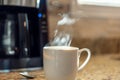 Closeup of steaming cup of coffee