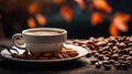 Closeup of a steaming cup of coffee with roasted coffee beans and almonds on a wooden table Royalty Free Stock Photo