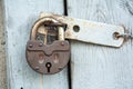 Closeup steel door with lock , padlock , key lock. Padlock on old door