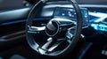 A closeup of the steering wheel with handsfree capability emphasizing the autonomous control of the vehicle