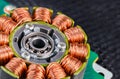 Electric engine stator with coils copper wire winding or ball bearing on green PCB detail