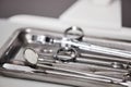 Closeup of sterile tools in metal tray on table in dental clinic Royalty Free Stock Photo