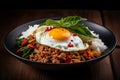 Closeup Stir fried minced pork, chili and Thai basil leaves spicy with fried eggs on topped rice, Local food street Generative AI