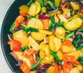 Closeup of stir-fry in wok with mixed vegetables