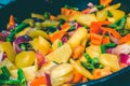 Closeup of stir-fry in wok with mixed vegetables