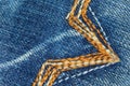 Closeup of stitches of blue jeans pant background