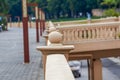 Closeup of a stone fence on a recreational trail in a park Royalty Free Stock Photo